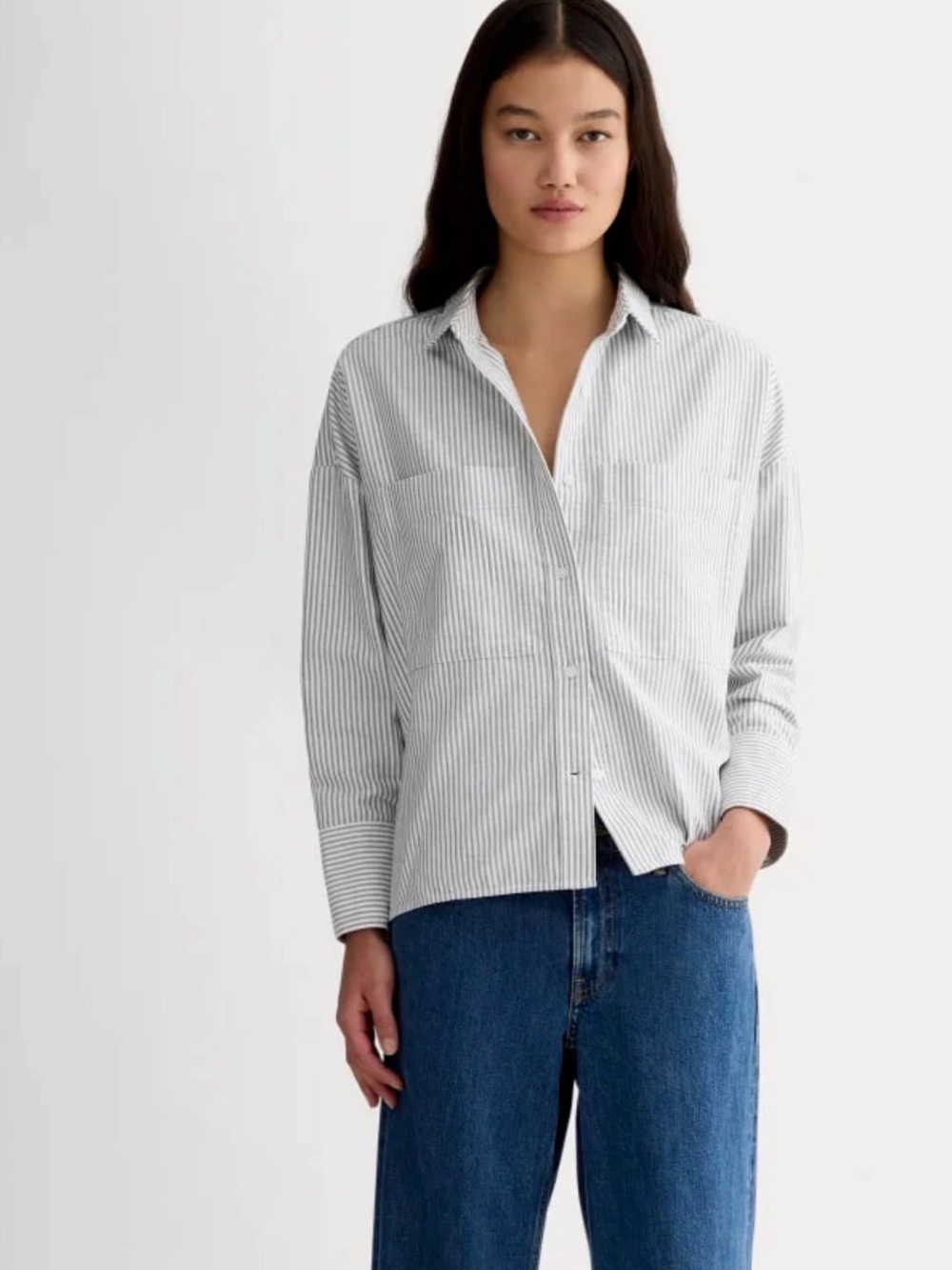 Everlane boxy Oxford L Gray White Striped Collared Button-Up Shirt Long Sleeve